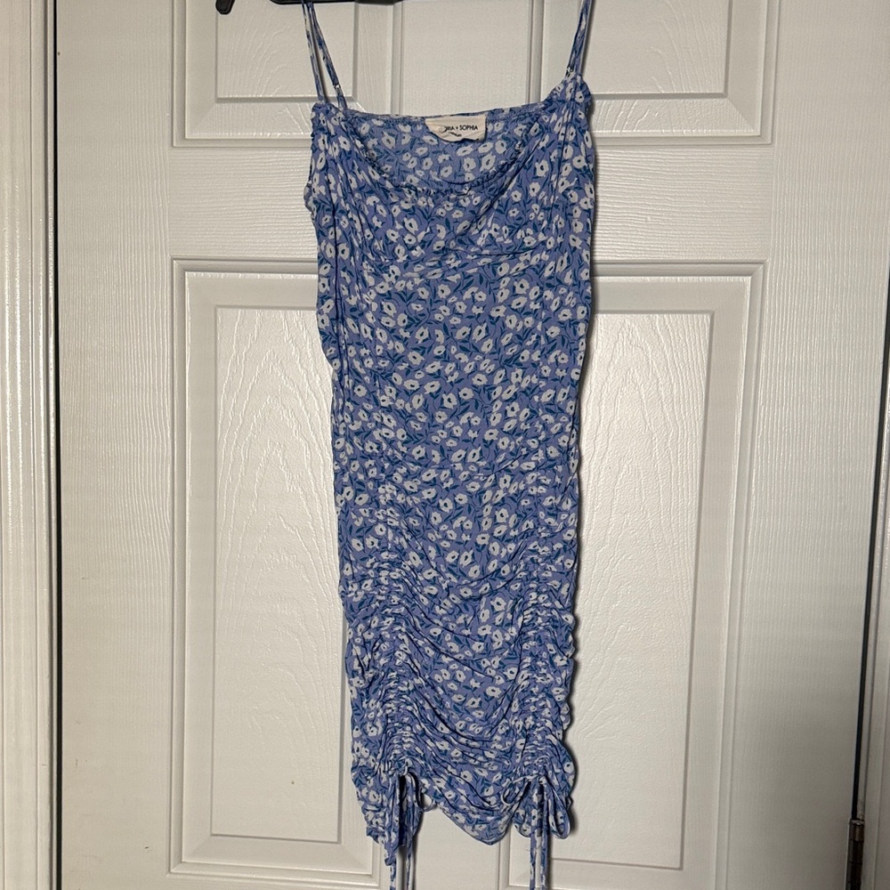 Blue Floral Ruched Mini Dress